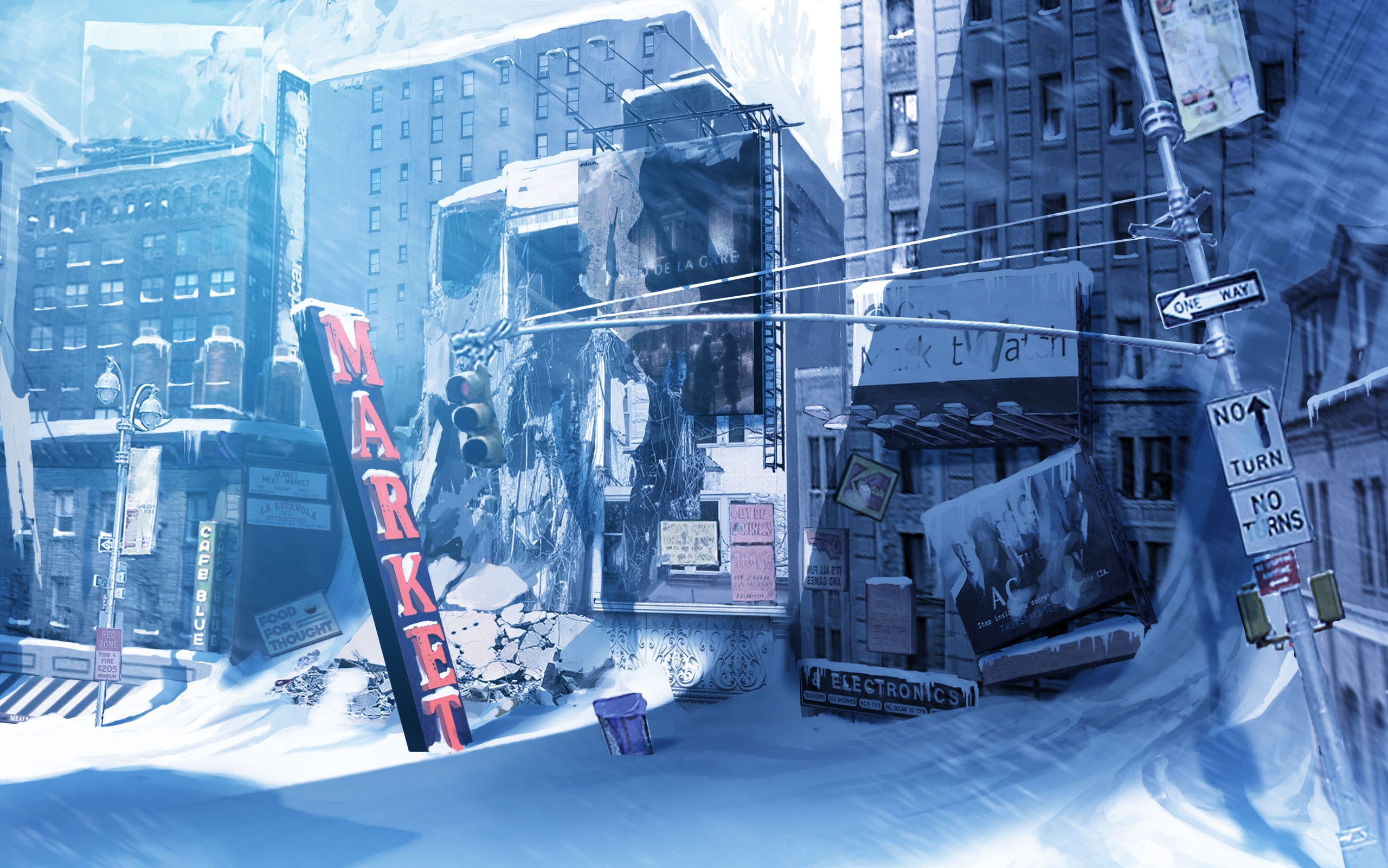 winter, Snow, Cityscapes, Post apocalyptic, Signs, Buildings, Traffic, Lights, Power, Lines Wallpaper