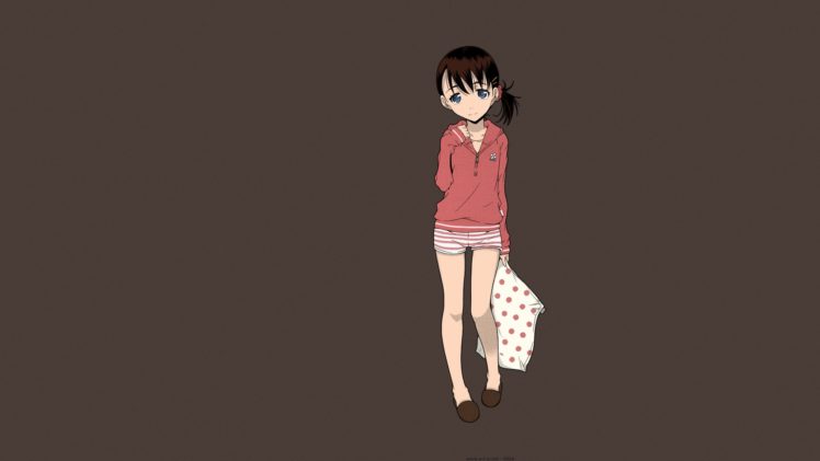 Mudou Eichi, Short hair, Short pants, Pillow, Brunette, Blue eyes, Ponytail, Anime, Manga, Anime girls HD Wallpaper Desktop Background