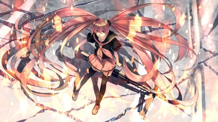 Vocaloid, Hatsune Miku, Long hair, Twintails, Fire, Weapon, Skirt, Thigh highs, Anime girls, Anime HD Wallpaper Desktop Background
