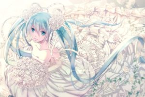 Vocaloid, Hatsune Miku, Long hair, Twintails, Wedding dress, White flowers, Flower in hair, Ribbon, Anime girls, Anime