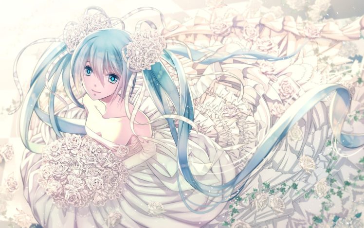 Vocaloid, Hatsune Miku, Long hair, Twintails, Wedding dress, White flowers, Flower in hair, Ribbon, Anime girls, Anime HD Wallpaper Desktop Background