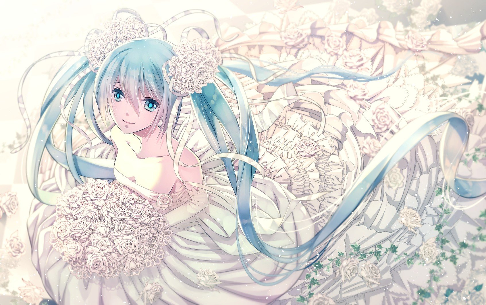Vocaloid, Hatsune Miku, Long hair, Twintails, Wedding dress, White flowers, Flower in hair, Ribbon, Anime girls, Anime Wallpaper