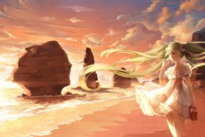 Vocaloid, Hatsune Miku, Long hair, Twintails, White dress, Beach, Clouds, Wind, Anime girls, Anime