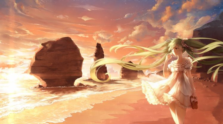 Vocaloid, Hatsune Miku, Long hair, Twintails, White dress, Beach, Clouds, Wind, Anime girls, Anime HD Wallpaper Desktop Background
