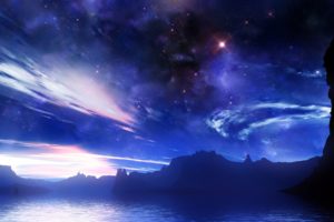outer, Space, Stars, Silhouettes, Fantasy, Art, Waterscapes