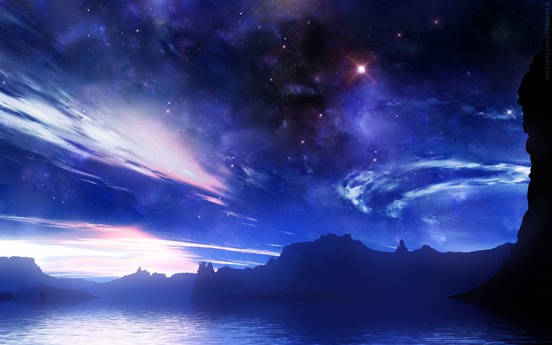 outer, Space, Stars, Silhouettes, Fantasy, Art, Waterscapes Wallpaper