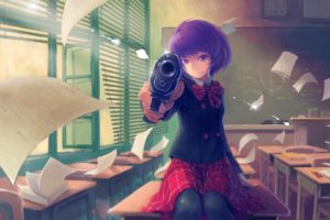 anime girls, Schoolgirls, School uniform, Weapon, Pistol, Skirt, Gun, Short hair, Stockings