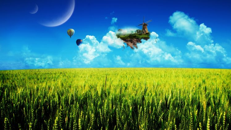 cg, Digital art, Manipulations, Landscapes, Surreal, Fantasy, Balloons, Moons, Wheat, Clouds HD Wallpaper Desktop Background