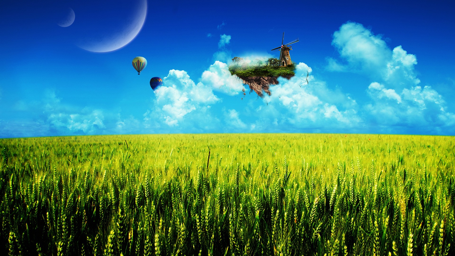 cg, Digital art, Manipulations, Landscapes, Surreal, Fantasy, Balloons, Moons, Wheat, Clouds Wallpaper