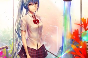 Vocaloid, Hatsune Miku, Long hair, Twintails, Ribbon, Skirt, Crying, Water, Umbrella, Flowers, Anime girls, Anime