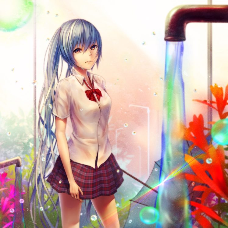 Vocaloid, Hatsune Miku, Long hair, Twintails, Ribbon, Skirt, Crying, Water, Umbrella, Flowers, Anime girls, Anime HD Wallpaper Desktop Background