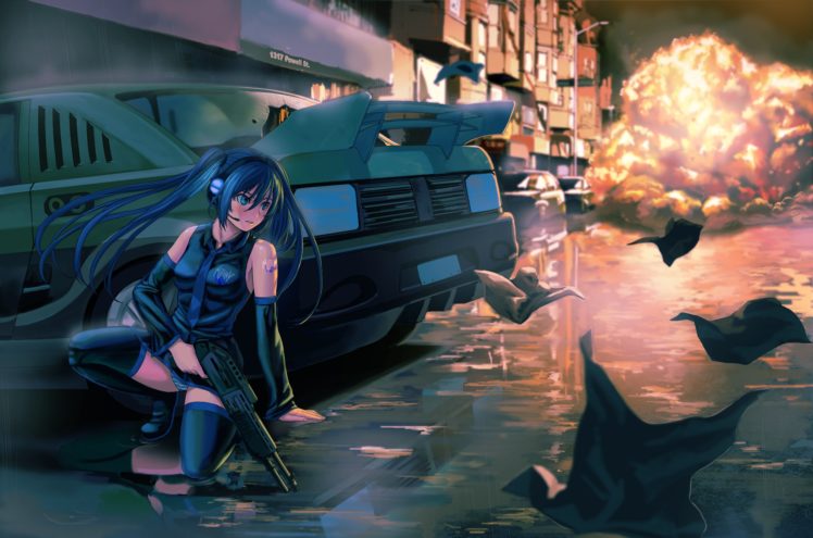 anime girls, Car, Vocaloid, Hatsune Miku, Weapon, Explosion, ShiniAPB HD Wallpaper Desktop Background