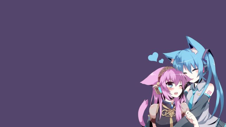 anime, Anime girls, Vocaloid, Hatsune Miku, Megurine Luka, Nekomimi, Animal ears, Headphones, Tail, Simple background, Blushing HD Wallpaper Desktop Background