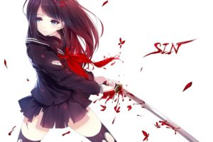 original characters, Long hair, Ribbon, Skirt, Thigh highs, Ripped clothes, Blue eyes, Katana, Blood, Butterfly, Petals, Anime girls, Anime