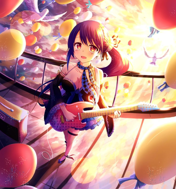 Vocaloid, Xin Hua, Long hair, Ponytail, Ribbon, Bass guitars, Balloons, Birds, Sky, Clouds, Anime girls, Anime HD Wallpaper Desktop Background