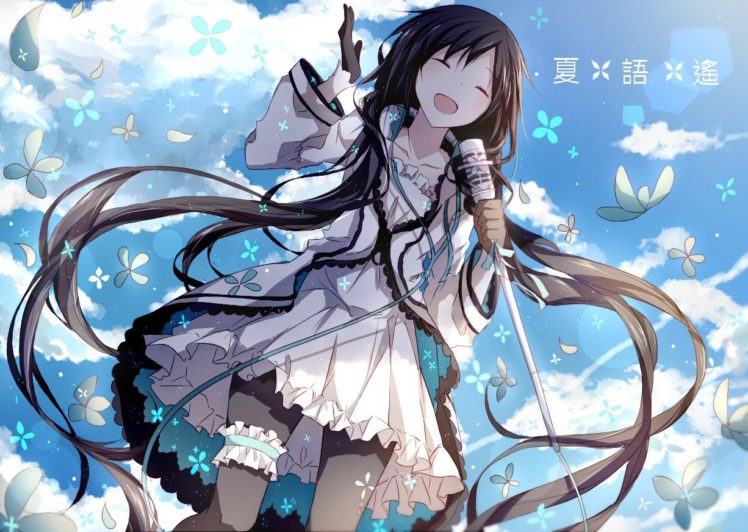 Utau, Xia Yu Yao, Long hair, Headphones, Microphones, Tights, Zippers, Petals, Clouds, White dress, Ribbon, Anime girls, Anime HD Wallpaper Desktop Background