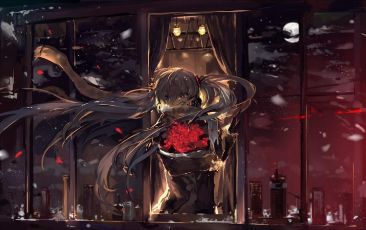 Vocaloid, Hatsune Miku, Long hair, Twintails, Flowers, Headphones, City, Night, Snow, Wind, Anime girls, Anime HD Wallpaper Desktop Background