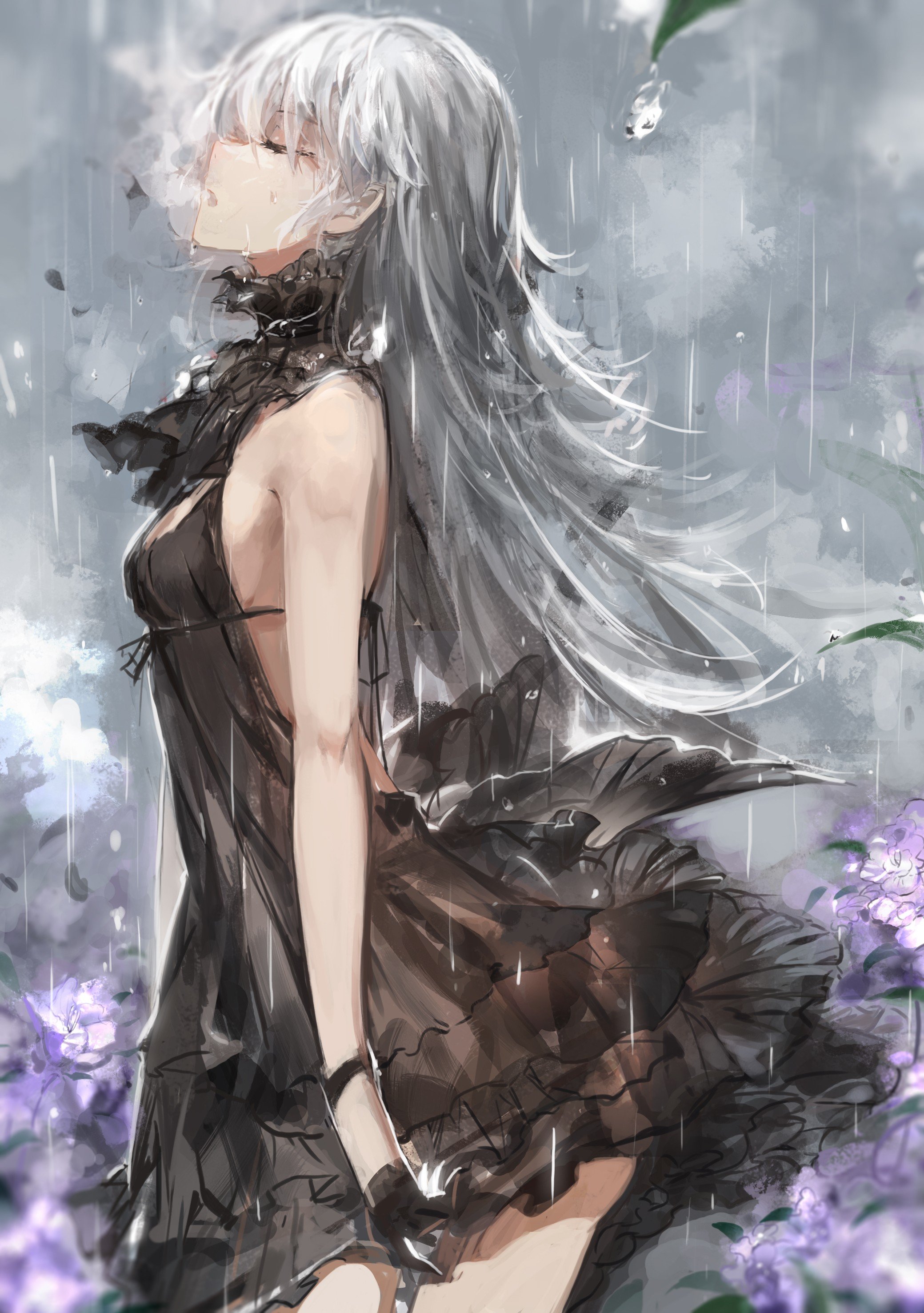 original characters, Long hair, White hair, Black dress, Rain, Flowers, Anime girls, Anime Wallpaper
