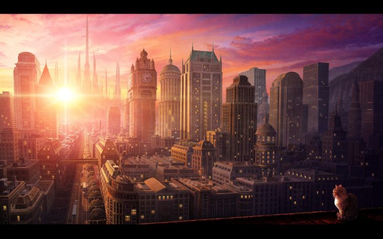 cityscape anime wallpaper captures the beauty and majesty of a city skyline  at sunset, with the warm glow of the setting sun casting a golden light  over the urban landscape. Stock Illustration |