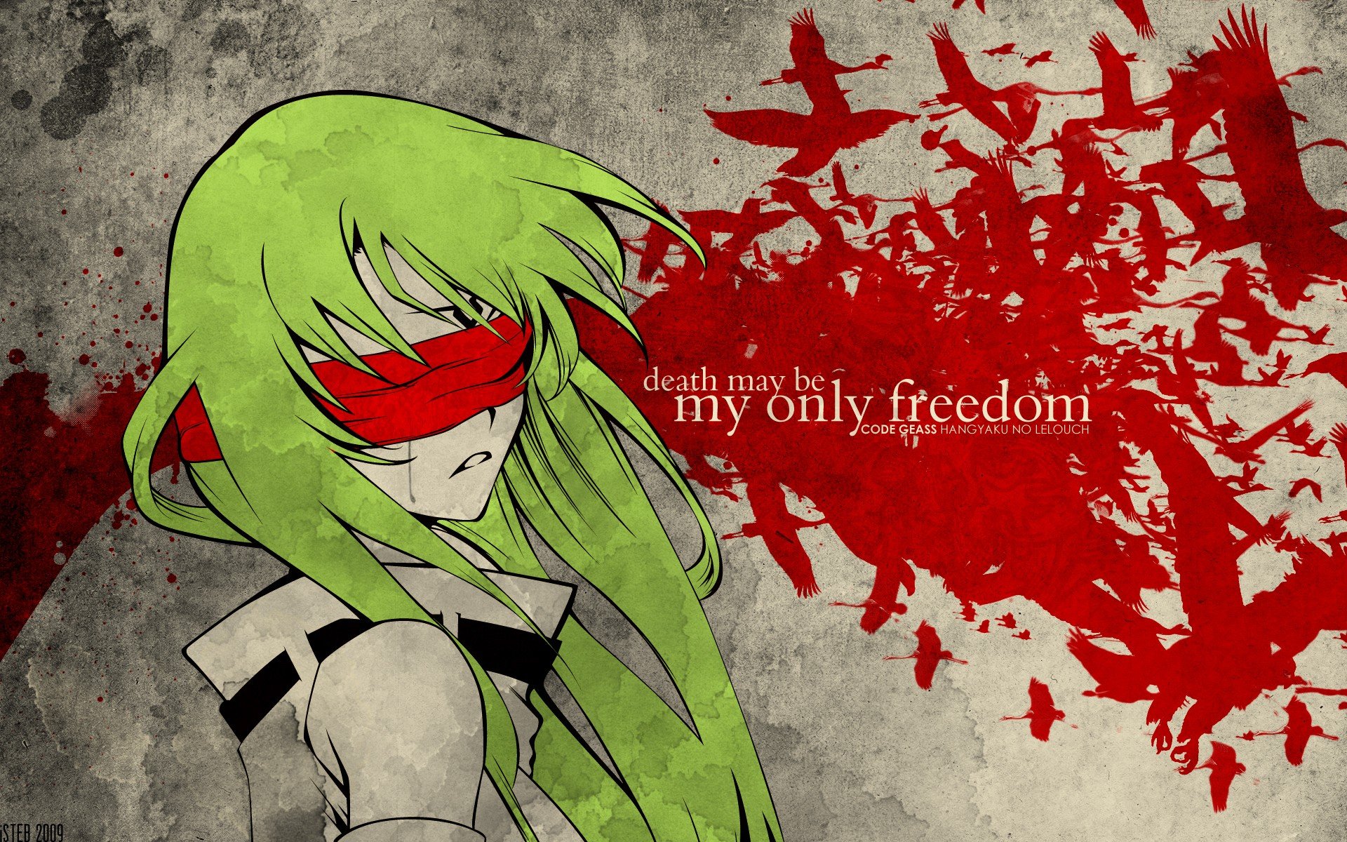 anime, Code Geass, C.C., Green hair, Birds, Text, Blindfold Wallpaper