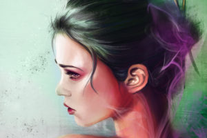 painting, Art, Geisha, Profile, Face, Makeup, Hair, Shoulders, Smoke, Mood