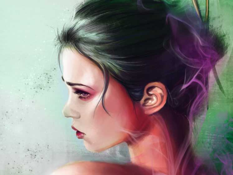 painting, Art, Geisha, Profile, Face, Makeup, Hair, Shoulders, Smoke, Mood HD Wallpaper Desktop Background