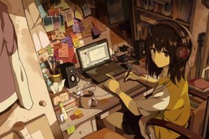 manga, Anime girls, Original characters, Headphones, Room, Laptop