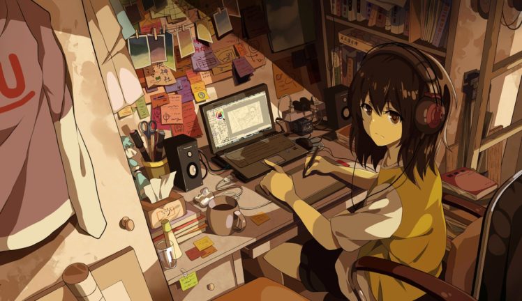 Manga Anime Girls Original Characters Headphones Room Laptop