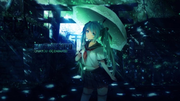 anime girls, DeviantArt, Hatsune Miku, Long hair, Skirt, Knee highs, Umbrella HD Wallpaper Desktop Background
