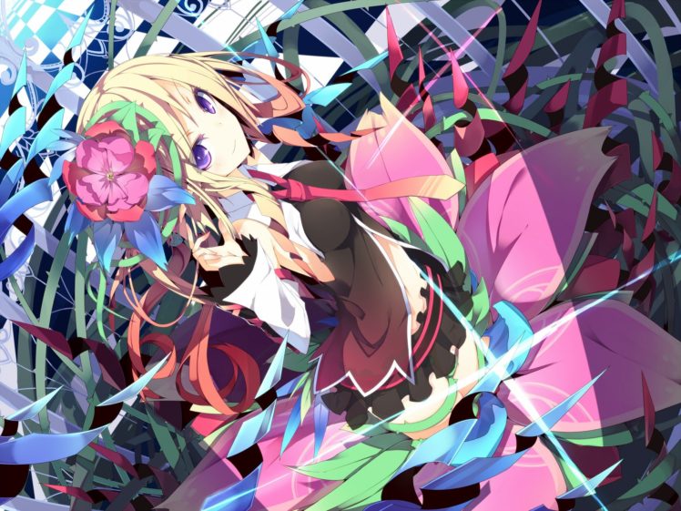original characters, Long hair, Flower in hair, Purple eyes, Neckties, Skirt, Anime girls, Anime HD Wallpaper Desktop Background