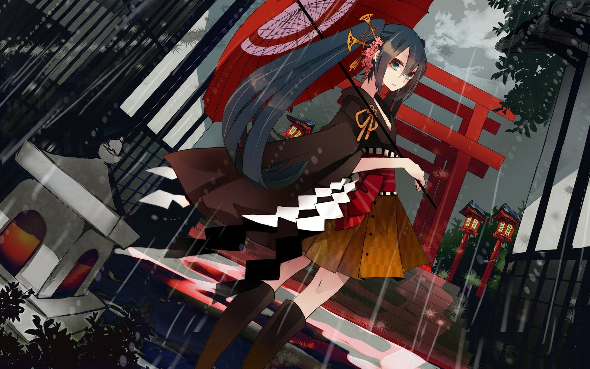 Hatsune Miku, Vocaloid, Umbrella, Rain, Twintails Wallpaper