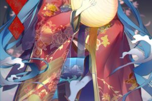 Vocaloid, Hatsune Miku, Anime girls, Long hair, Blue hair, Bangs, Twintails, Hair ornament, Blue eyes, Kimono, Butterfly, Traditional clothing, Japanese clothes