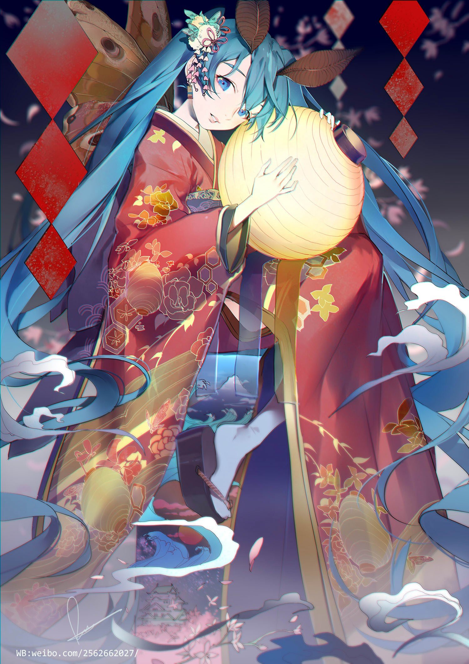 Vocaloid, Hatsune Miku, Anime girls, Long hair, Blue hair, Bangs, Twintails, Hair ornament, Blue eyes, Kimono, Butterfly, Traditional clothing, Japanese clothes Wallpaper