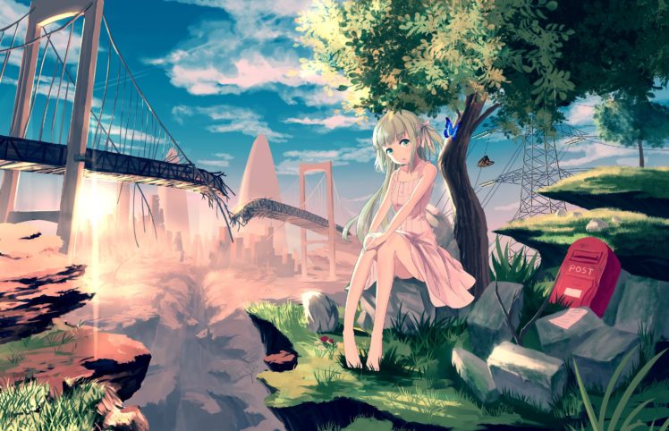 women, Bridge, Anime girls, Anime, Dress, Long hair HD Wallpaper Desktop Background