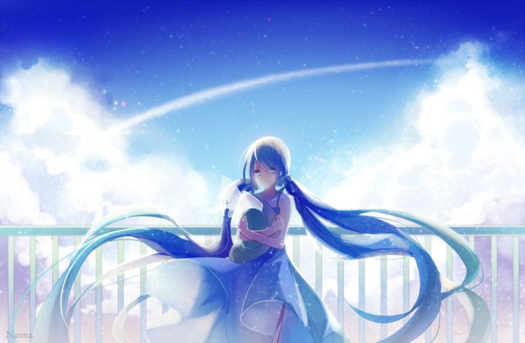 Vocaloid, Hatsune Miku, Long hair, Twintails, White dress, Clouds ...