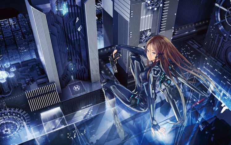 original characters, Androids, Long hair, Ribbon, Weapon, Futuristic, City, Mecha girls, Anime girls, Anime HD Wallpaper Desktop Background
