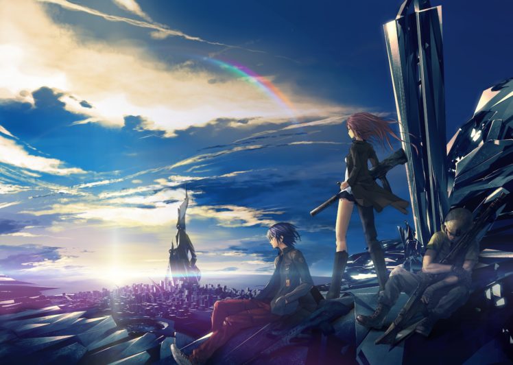original characters, Weapon, Sky, Futuristic, Clouds, Rainbows, Anime HD Wallpaper Desktop Background