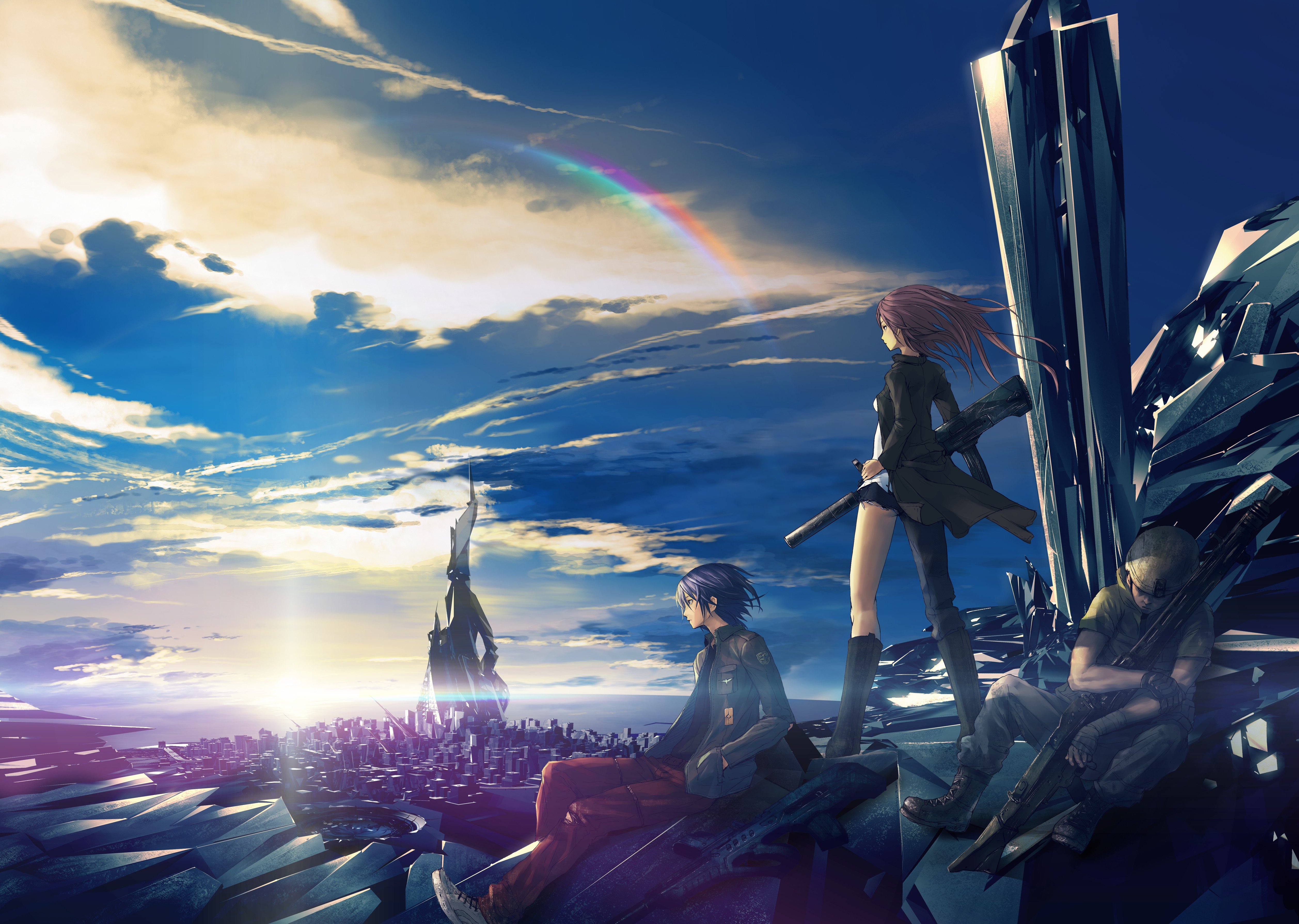 original characters, Weapon, Sky, Futuristic, Clouds, Rainbows, Anime Wallpaper