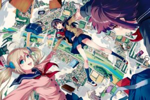 anime girls, School uniform, Falling