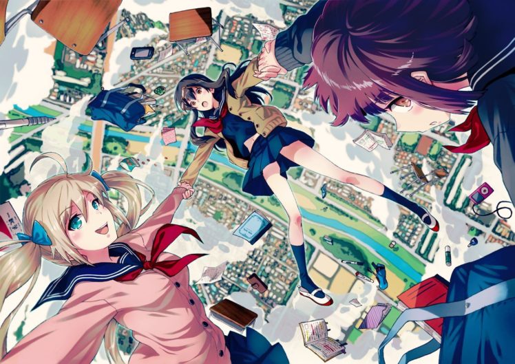 anime girls, School uniform, Falling HD Wallpaper Desktop Background