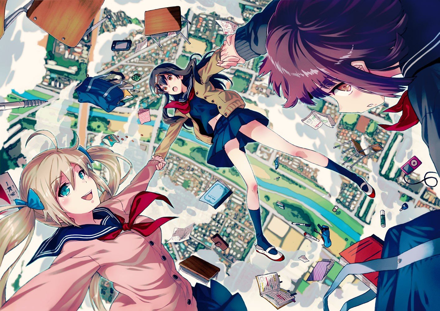 anime girls, School uniform, Falling Wallpaper