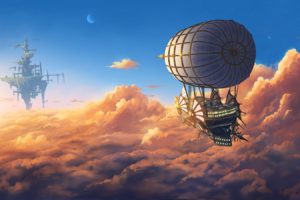 aircraft, Clouds, Fantasy art, Moon, Floating, Sky, Floating island