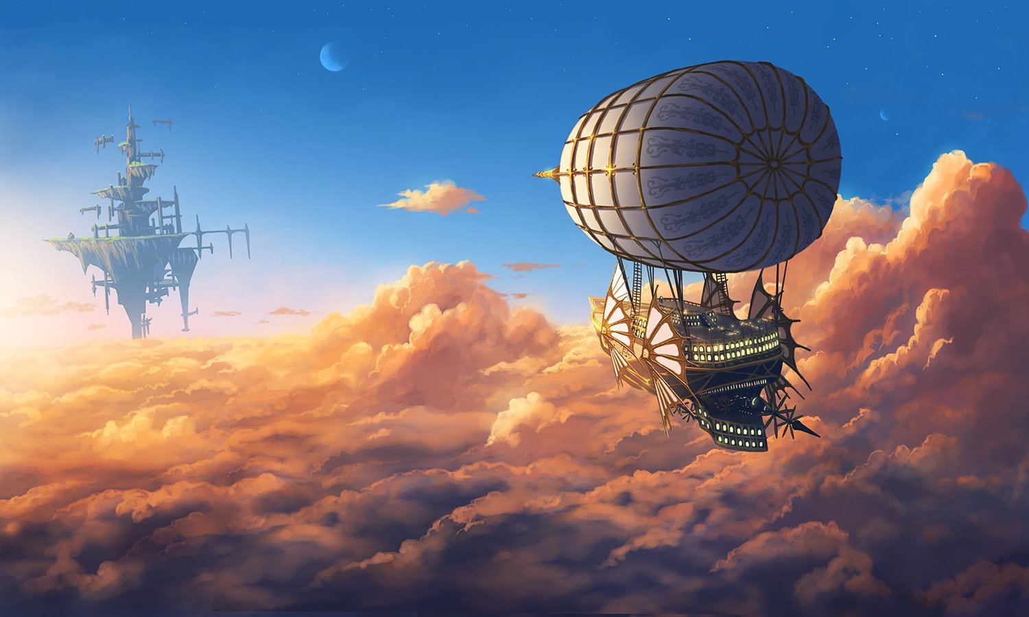 aircraft, Clouds, Fantasy art, Moon, Floating, Sky, Floating island
