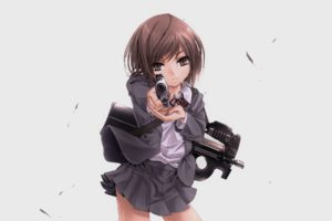 Gunslinger Girl, Henrietta, FN P90, White background, Weapon, Gun, Skirt, Machine gun