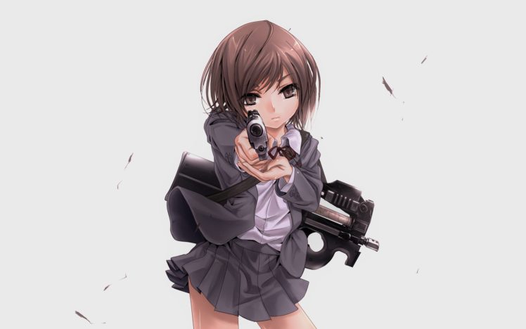 Gunslinger Girl, Henrietta, FN P90, White background, Weapon, Gun, Skirt, Machine gun HD Wallpaper Desktop Background