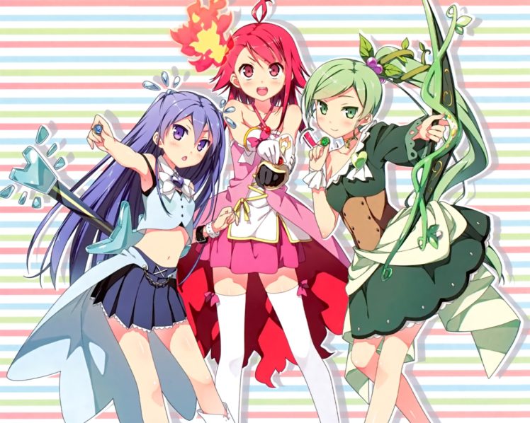 anime girls, Skirt, Long hair, Green hair, Zettai Ryouiki, Green eyes, Red eyes, Guitar, Kantoku HD Wallpaper Desktop Background