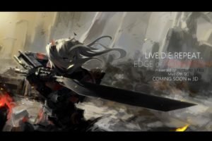 Vocaloid, Anime girls, Long hair, Gray hair, Bangs, Twintails, Hair ornament, Blue eyes, Armor, Weapon, Sword, Crossover, Science fiction, Edge of Tomorrow