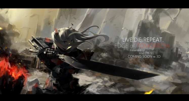 Vocaloid, Anime girls, Long hair, Gray hair, Bangs, Twintails, Hair ornament, Blue eyes, Armor, Weapon, Sword, Crossover, Science fiction, Edge of Tomorrow HD Wallpaper Desktop Background