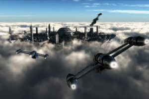 clouds, Aircraft, Fantasy, Art, Cities