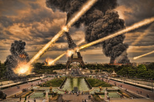manipulation, Apocalyptic, Destruction, Invasion, Sci fi, Missle, Smoke, Fire, Flames, Eiffel, Eiffel tower, Cg, Digital art, Art
